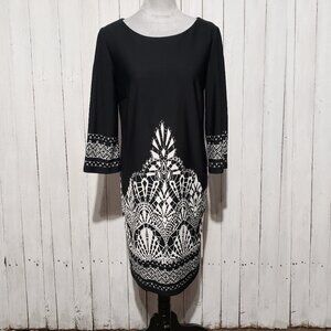 IN Studio 10 Dress Shift Mini Black White Medallion Classic Boho Artsy Career